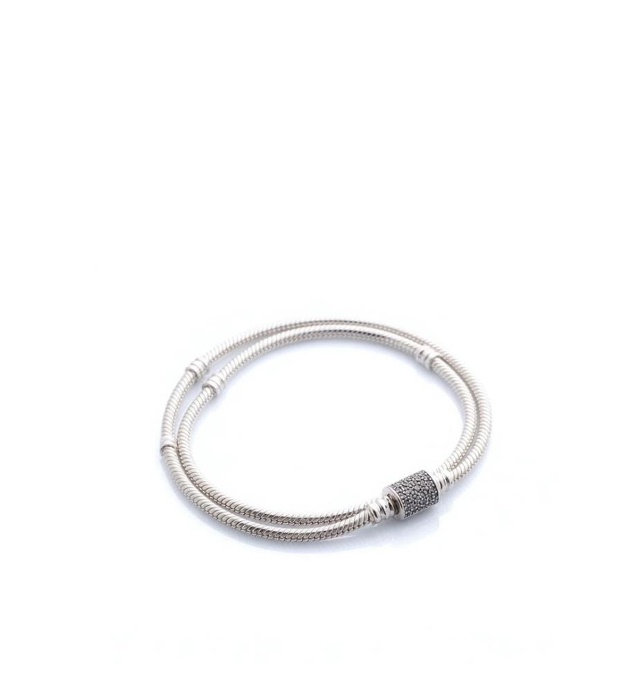 Bracciale in argento sterling con doppia catena a serpente e chiusura a barile con zirconi chiari - Argento