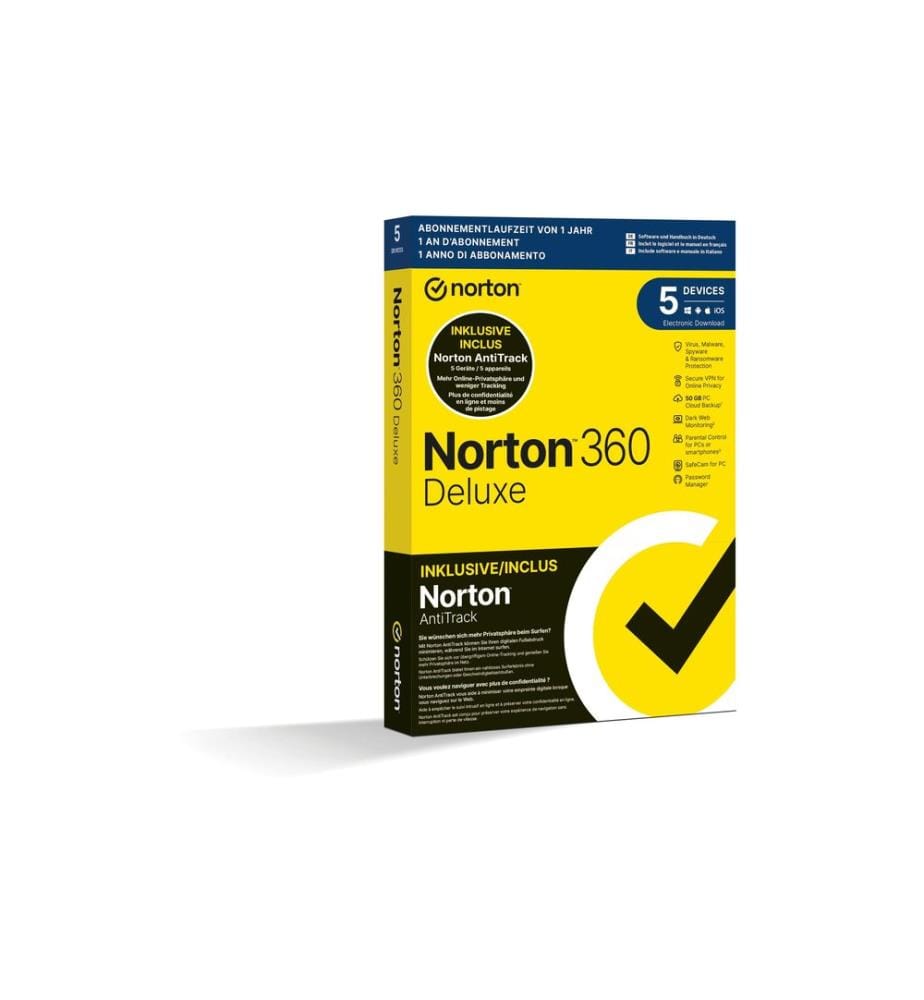 Norton - 360 Deluxe + AntiTrack Bundle Box, 5 appareils, 1yr, 50GB Cloud