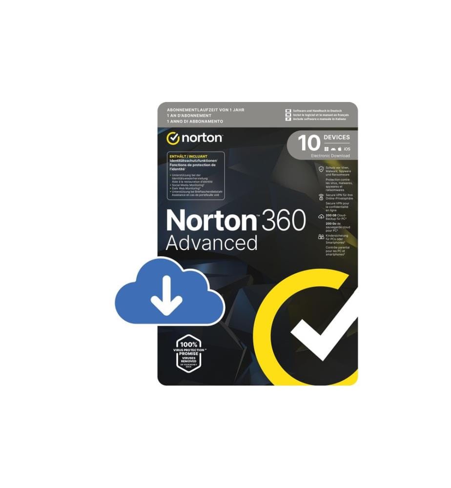 Norton - 360 Advanced ESD, 10 Device, 1 an, 200GB de mémoire cloud