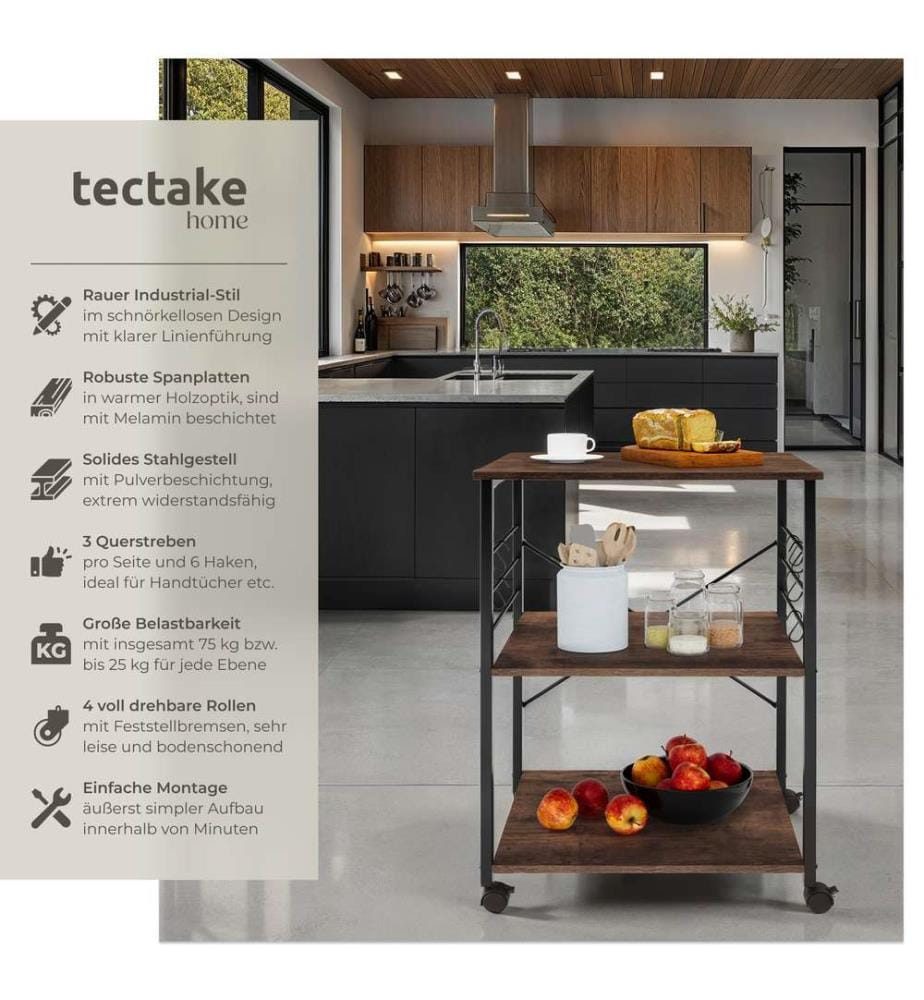 Drinks Trolley Rugby - 3 shelves, 4 castors with parking brake - Industrial wood dark, rustic