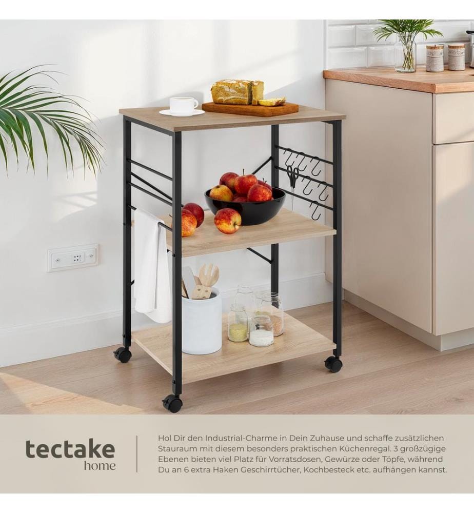 Chariot de service Rugby 65,5x45,5x88,5 cm - Bois clair industriel, Chêne Sonoma