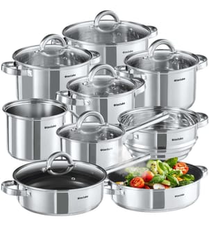 Saucepan Set - 15-pieces, 5 saucepans, 2 frying pans, steamer, milk pot - silver