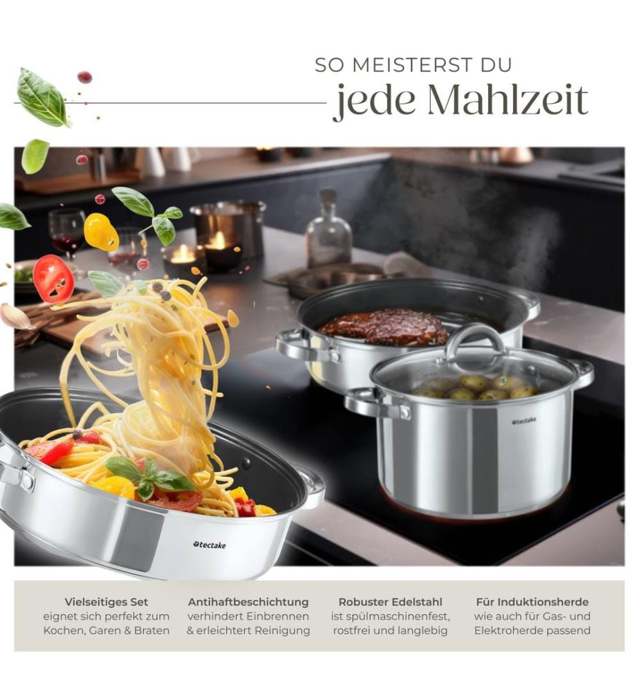 Saucepan Set - 15-pieces, 5 saucepans, 2 frying pans, steamer, milk pot - silver