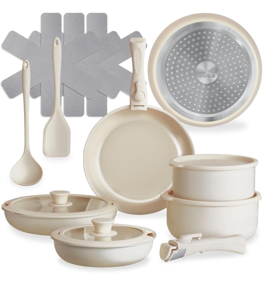 Pot and Pan Set Genoa 16 Pcs including Lids, Utensils and Felt Protectors - white