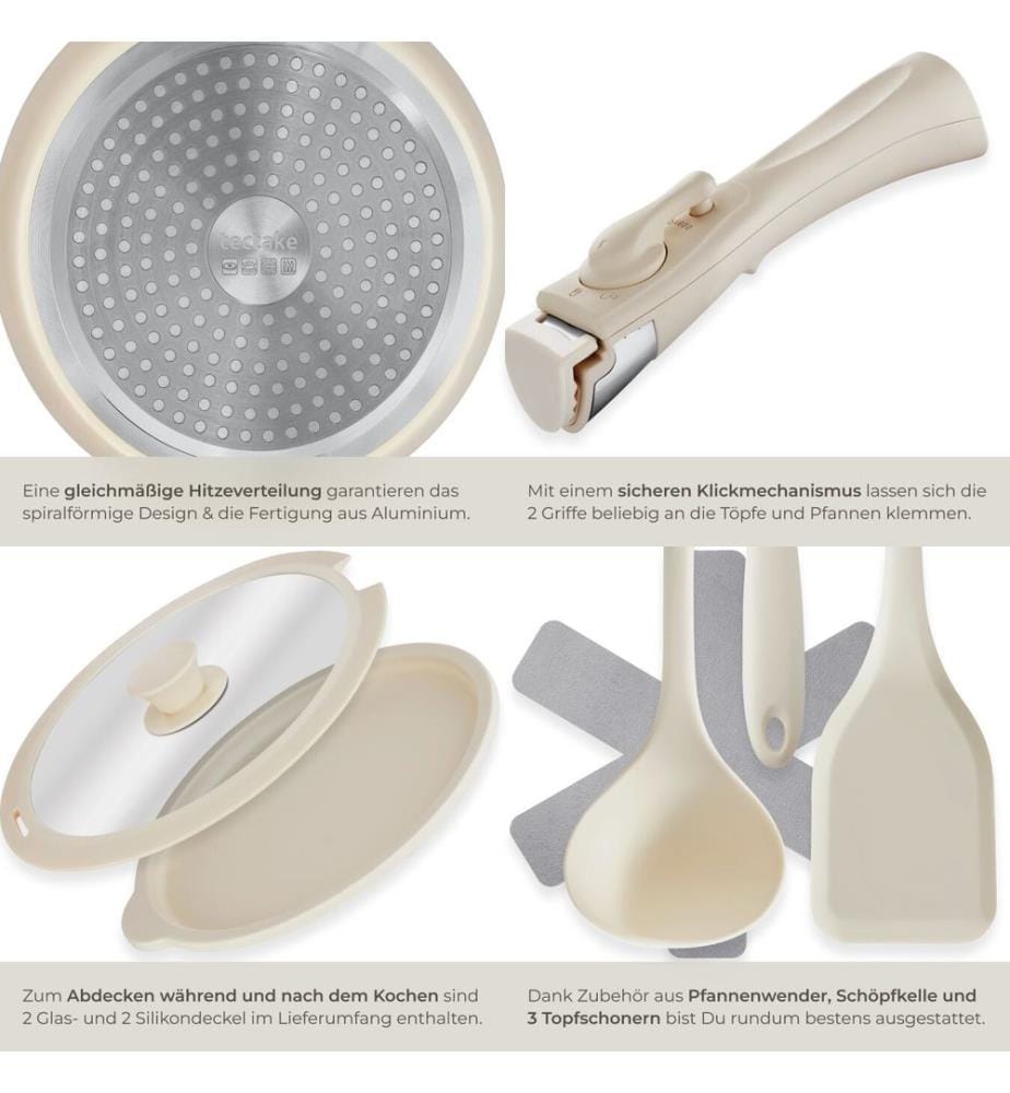 Pot and Pan Set Genoa 16 Pcs including Lids, Utensils and Felt Protectors - white