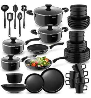 Dinnerware Set for 6 People with Plates, Bowls, Utensils, Pots and Pans - black, 45 pc