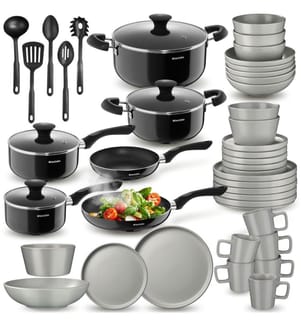 Dinnerware Set for 6 People with Plates, Bowls, Utensils, Pots and Pans - greyblack, 45 pc