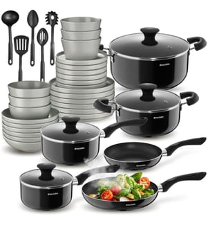 Dinnerware Set for 6 People with Plates, Bowls, Utensils, Pots and Pans - greyblack, 39 pc