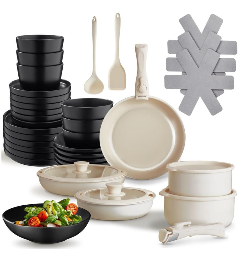 Kitchen starter set for 6 people with crockery, pots and more - blackwhite, 40 pc
