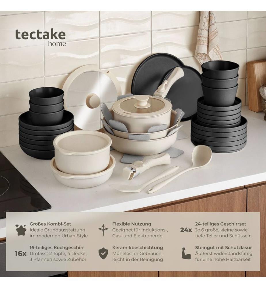 Kitchen starter set for 6 people with crockery, pots and more - blackwhite, 40 pc
