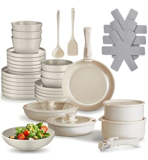 Kitchen starter set for 6 people with crockery, pots and more - taupewhite, 40 pc