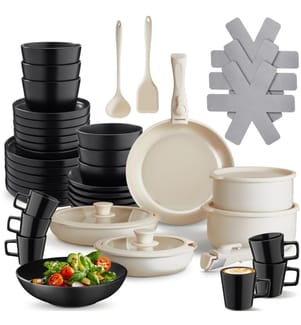 Kitchen starter set for 6 people with crockery, pots and more - blackwhite, 46