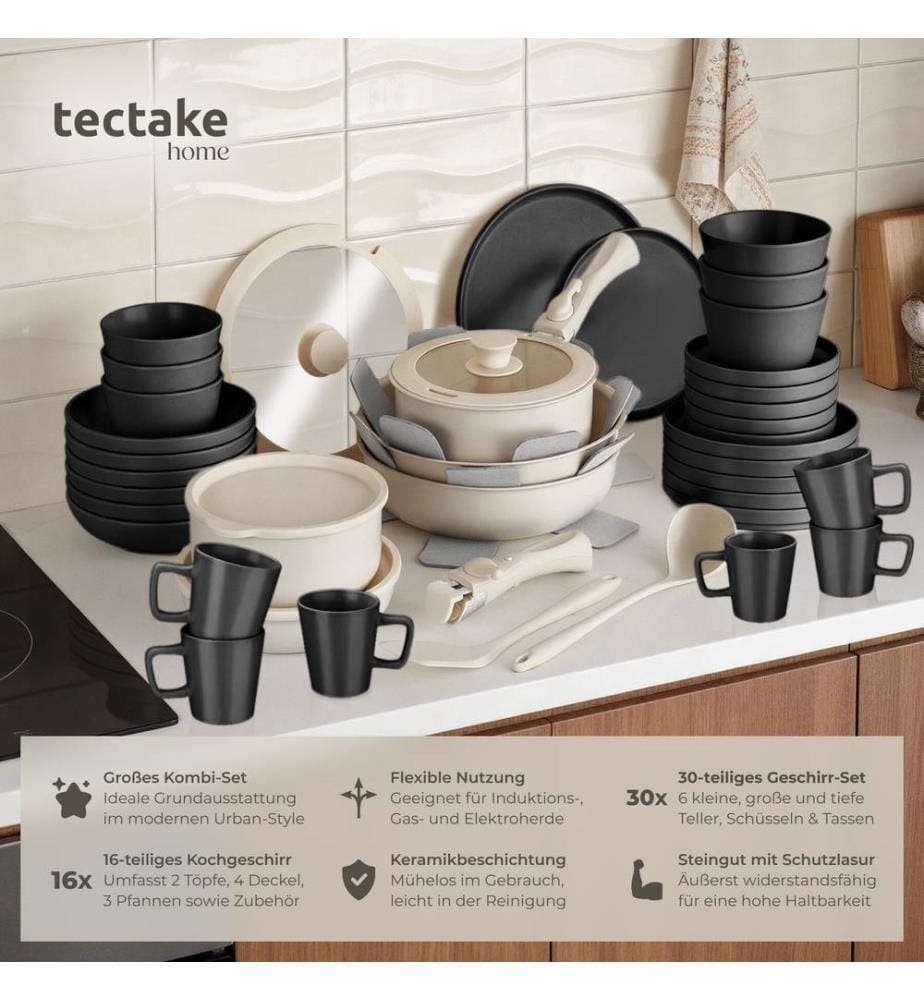 Kitchen starter set for 6 people with crockery, pots and more - blackwhite, 46