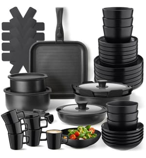 Kitchen starter set for 6 people with crockery, pots and more - black, 47 pc