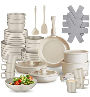 Kitchen starter set for 6 people with crockery, pots and more - taupewhite, 46