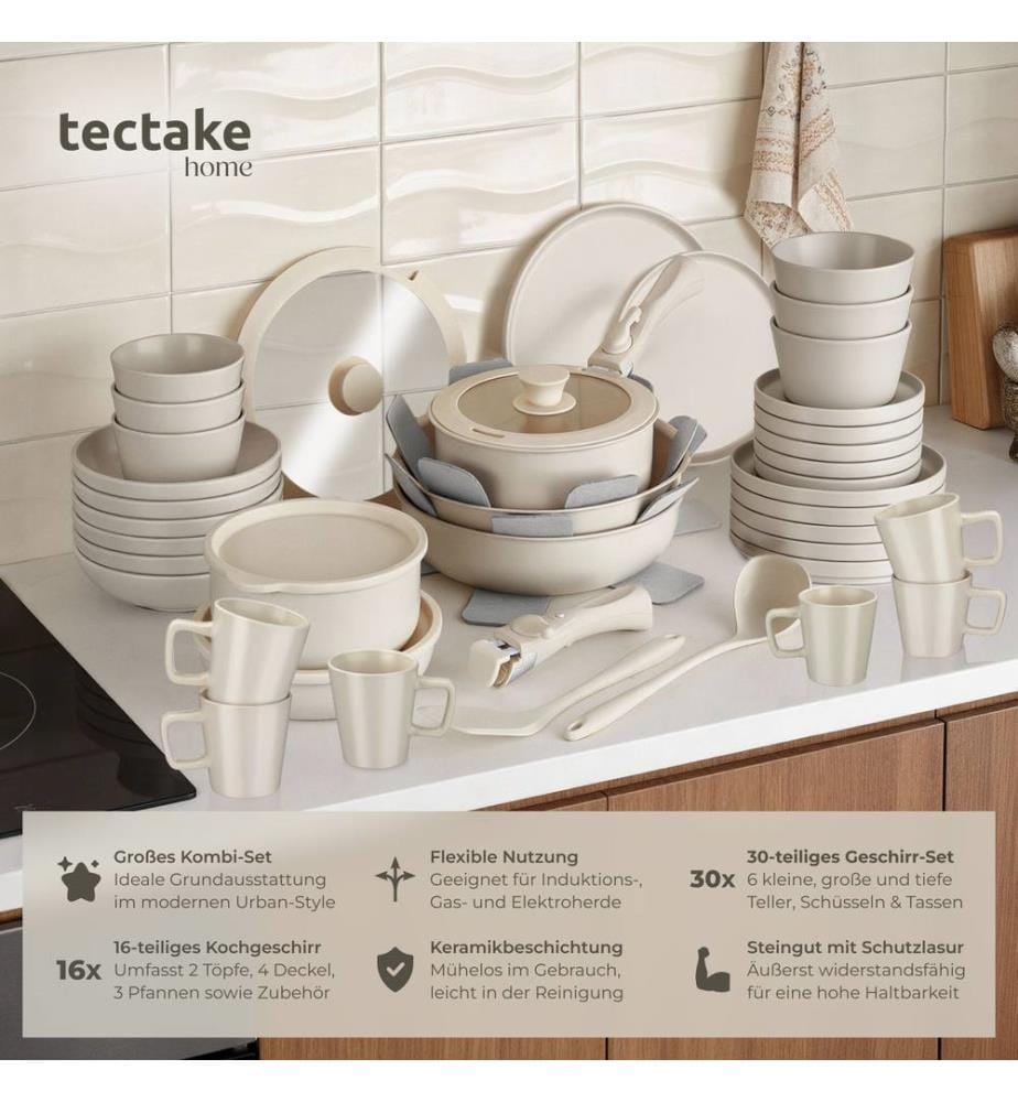 Kitchen starter set for 6 people with crockery, pots and more - taupewhite, 46