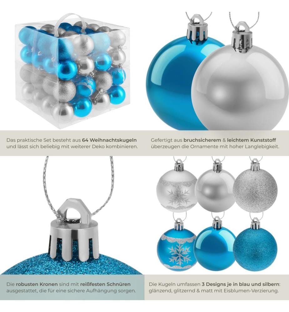 Lot de 64 boules de Noël argentées et bleues - argentéesbleues