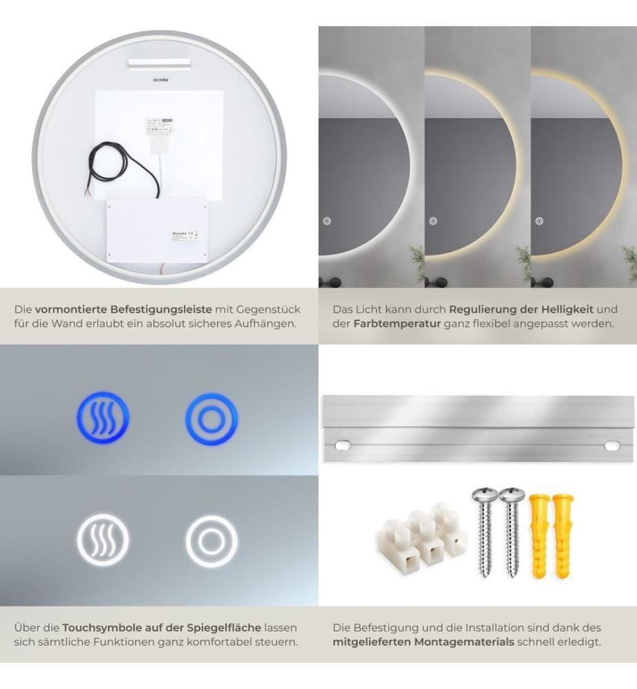 Miroir de salle de bain LED AURORA, réglable, avec 3 couleurs de lumière - 60 cm