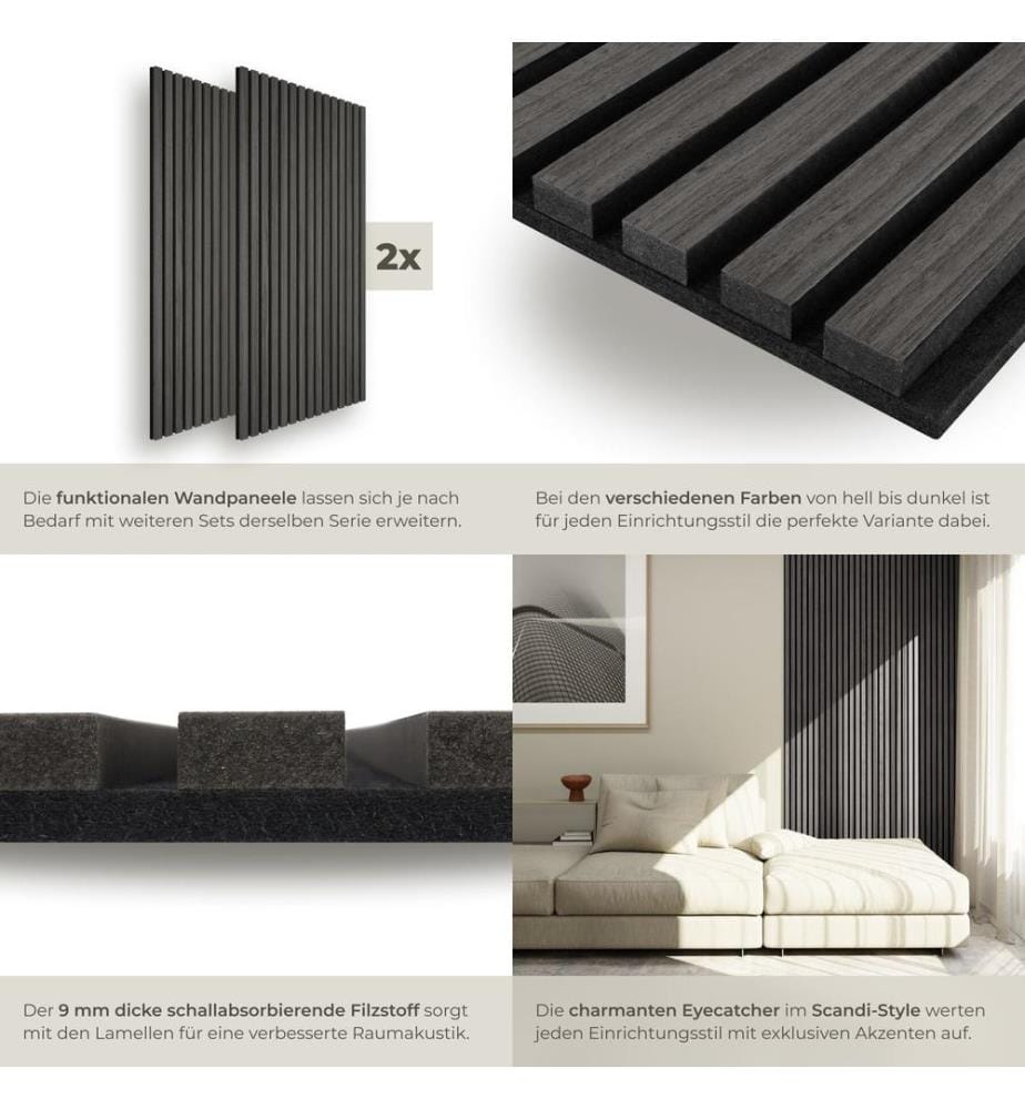 Akustikpaneele Sonic Wall Holzoptik - Eiche schwarz, 2er Set