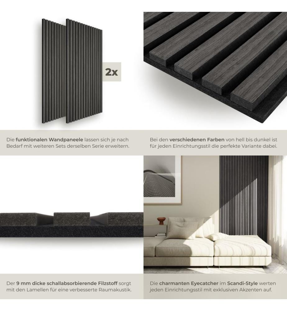 Akustikpaneele Sonic Wall II Holzoptik - Eiche schwarz, 2er Set