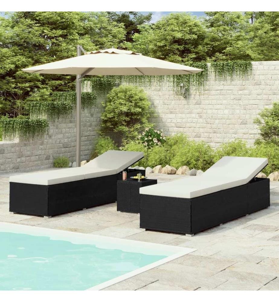 vidaXL Chaises longues de jardin table à thé 3 pcs Résine tressée Noir