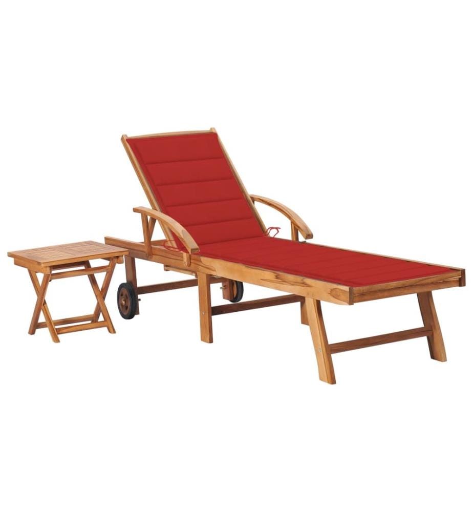 vidaXL Chaise longue avec table et coussin Bois de teck solide