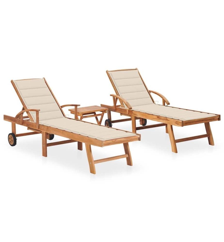 vidaXL Sonnenliegen 2 Stk. mit Tisch und Auflagen Massivholz Teak