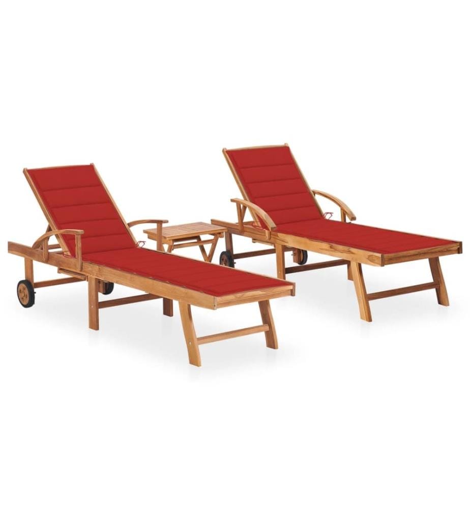 vidaXL Chaises longues 2 pcs avec table et coussin Bois de teck solide