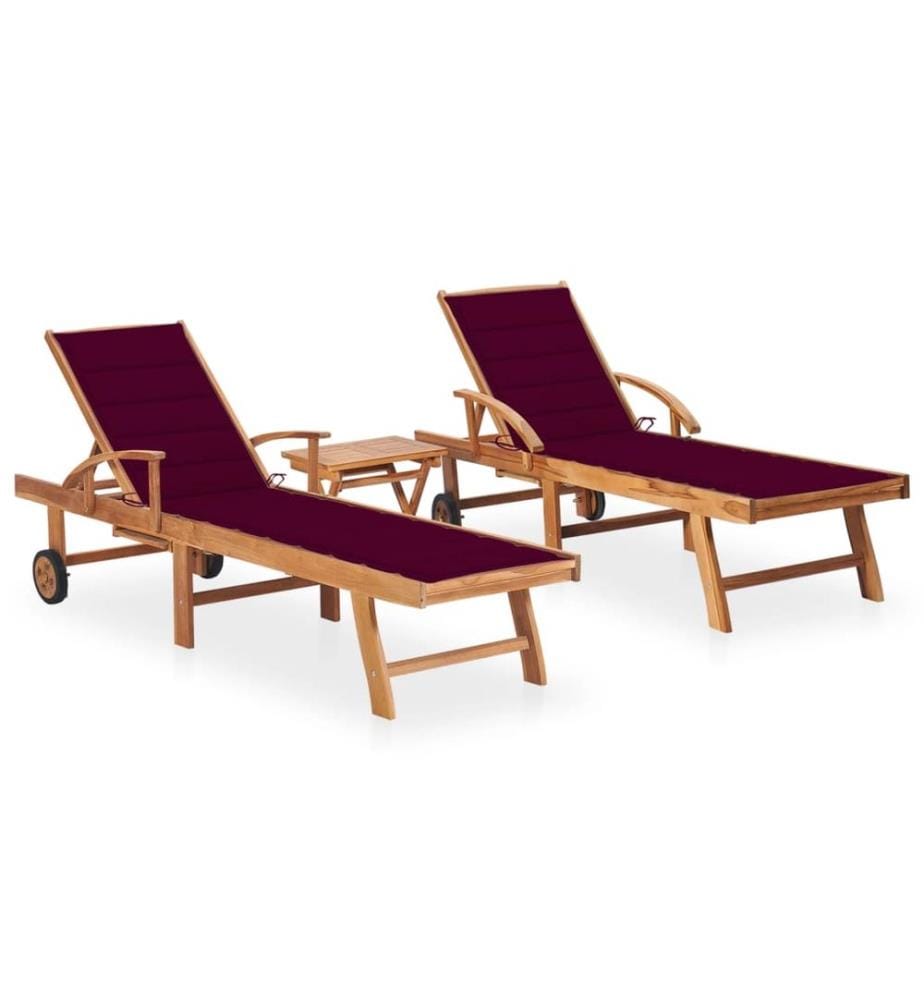 vidaXL Sonnenliegen 2 Stk. mit Tisch und Auflagen Massivholz Teak