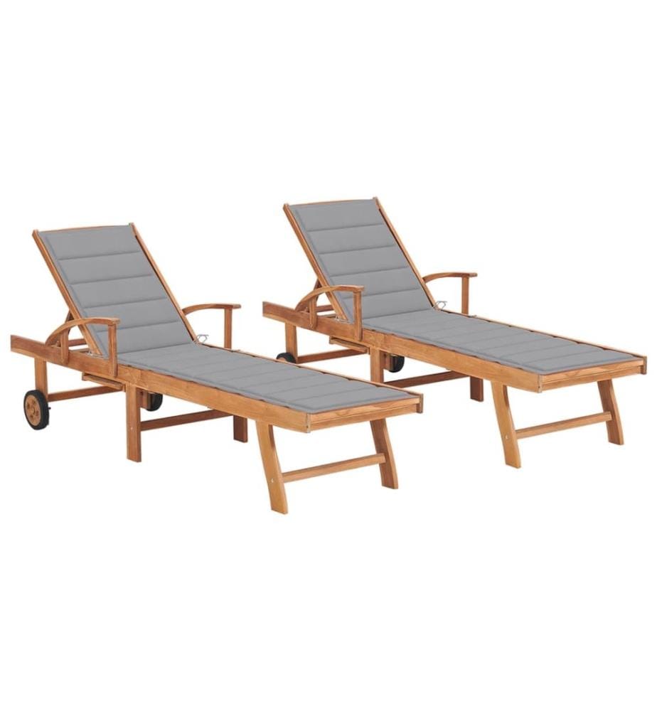 vidaXL Sonnenliegen 2 Stk. mit Auflagen Grau Massivholz Teak