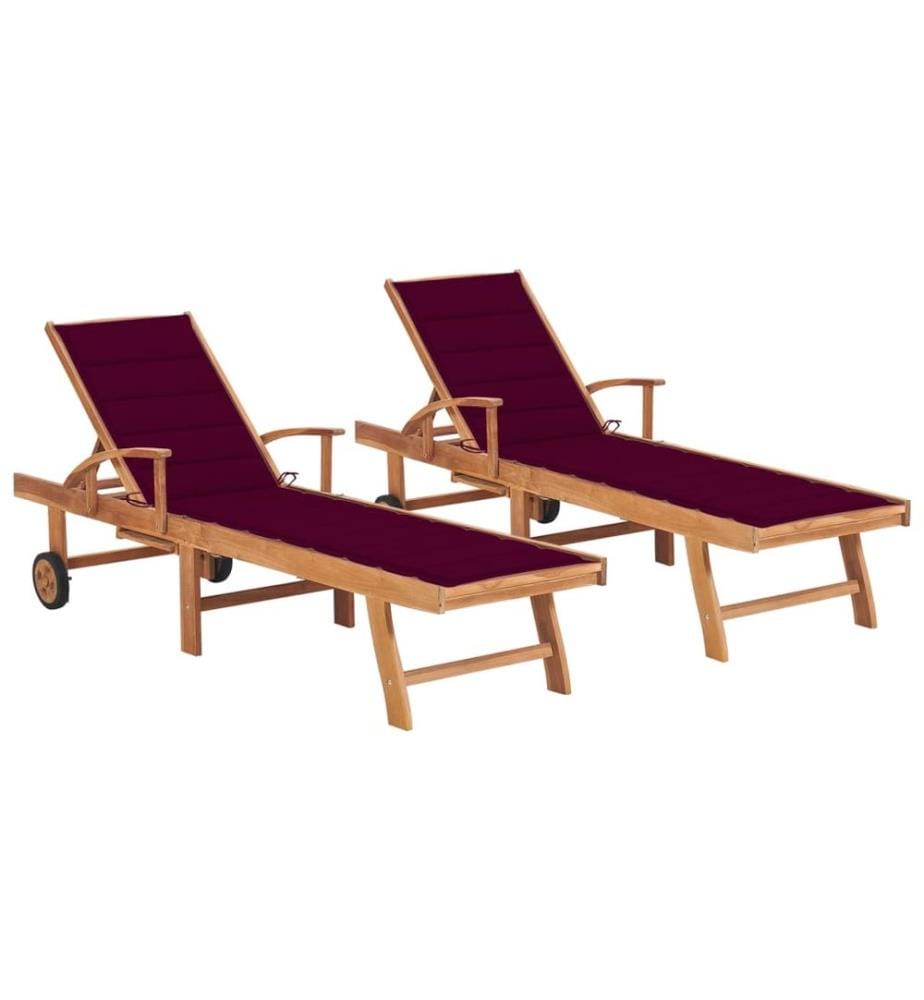 vidaXL Sonnenliegen 2 Stk. mit Auflagen Weinrot Massivholz Teak