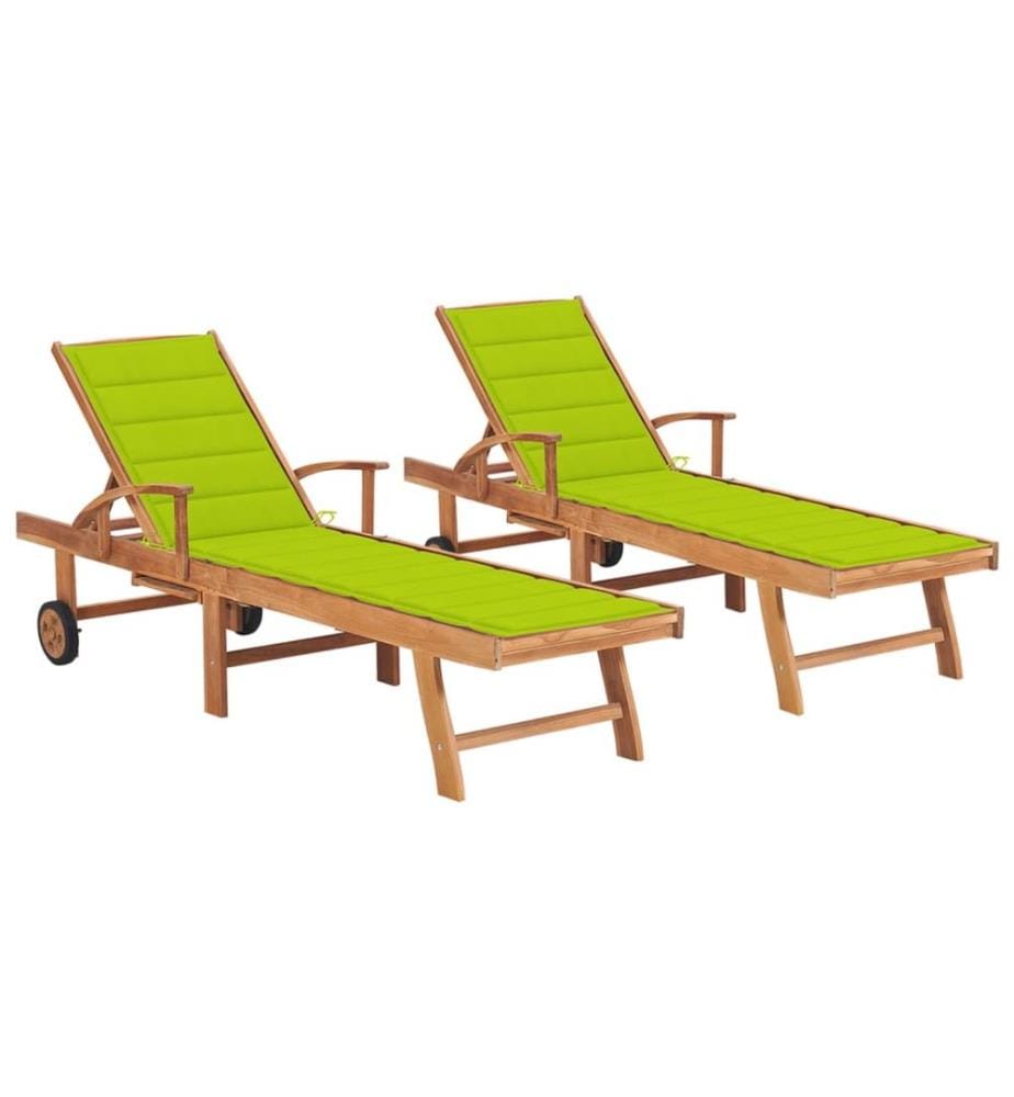 vidaXL Sonnenliegen 2 Stk. mit Auflagen Hellgrün Massivholz Teak