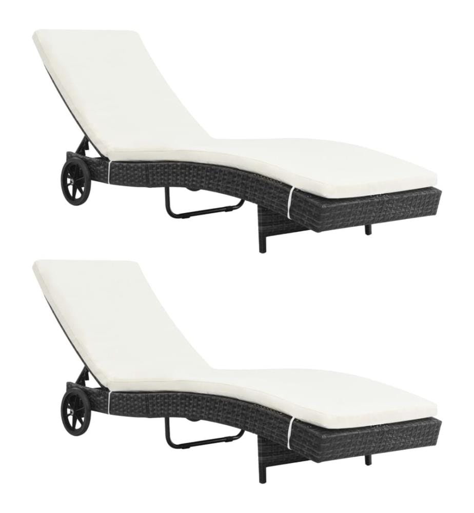 vidaXL Sonnenliegen 2 Stk. mit Rollen und Auflagen Poly Rattan Schwarz