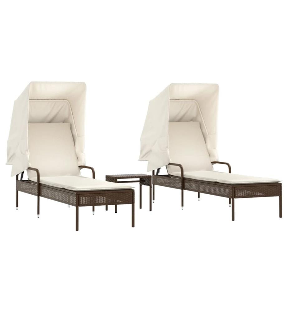 vidaXL Sonnenliegen 2 Stk. mit Dach und Tisch Braun Poly Rattan