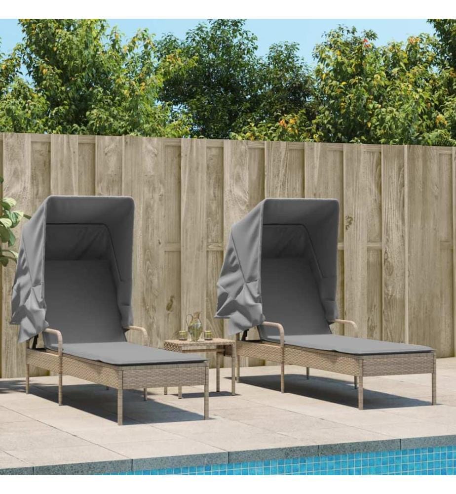 vidaXL Sonnenliegen 2 Stk. mit Dach und Tisch Beige Poly Rattan