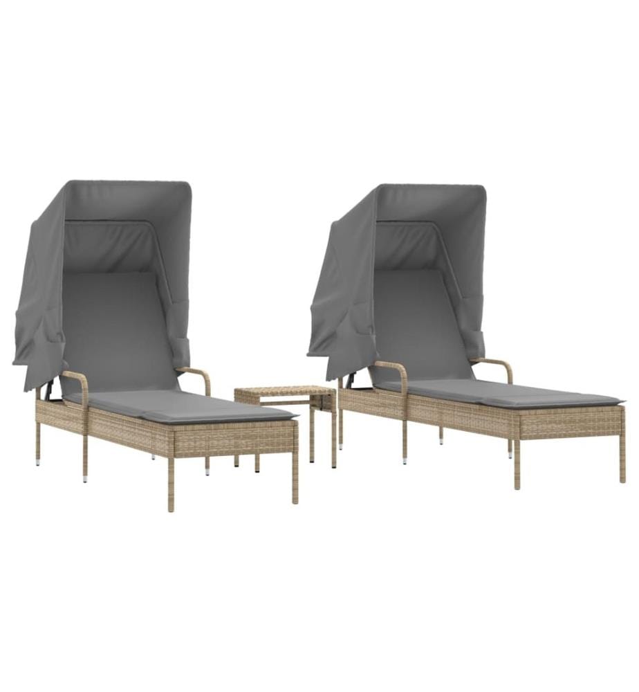 vidaXL Sonnenliegen 2 Stk. mit Dach und Tisch Beige Poly Rattan
