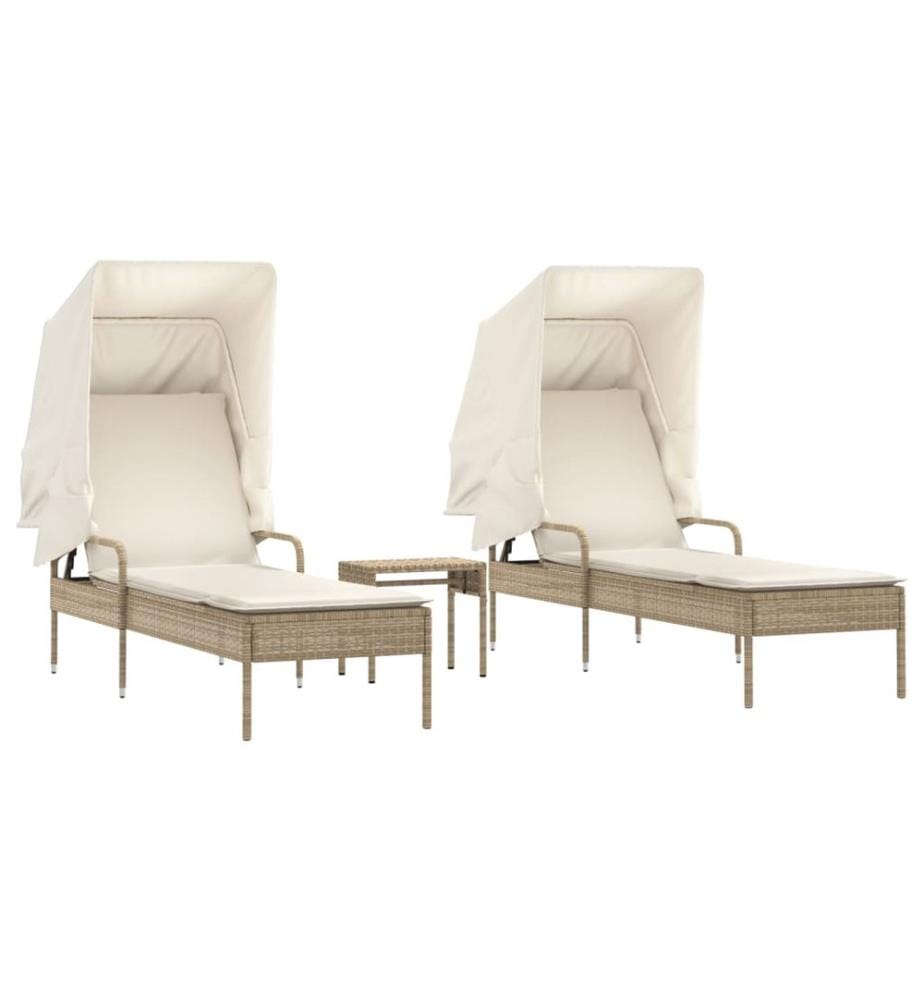vidaXL Sonnenliegen 2 Stk. mit Dach und Tisch Beige Poly Rattan