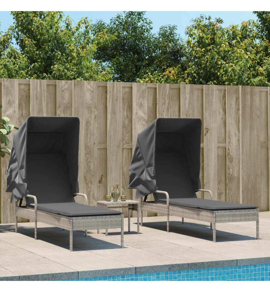vidaXL Sonnenliegen 2 Stk. mit Dach und Tisch Hellgrau Poly Rattan