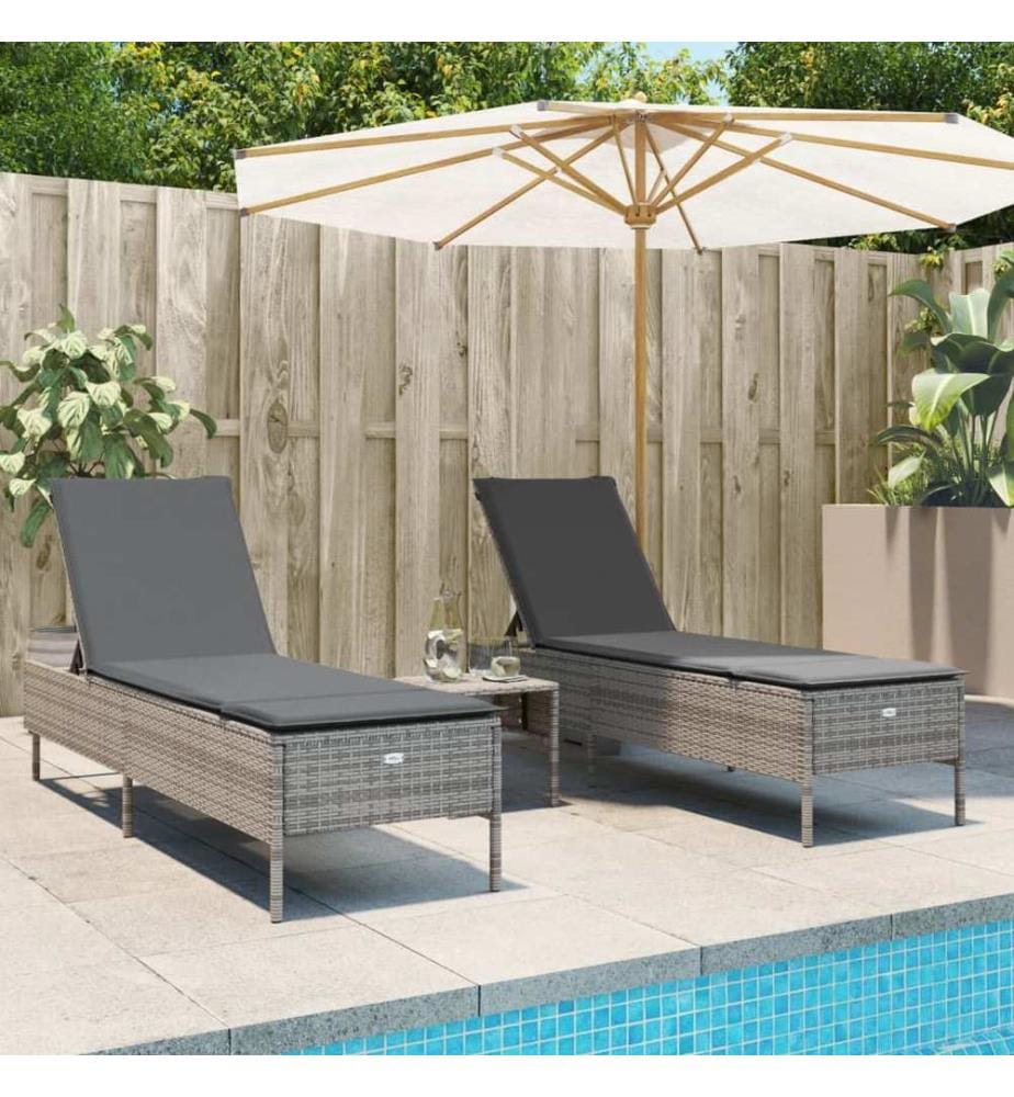 vidaXL Sonnenliegen mit Auflagen 2 Stk. Grau Poly Rattan