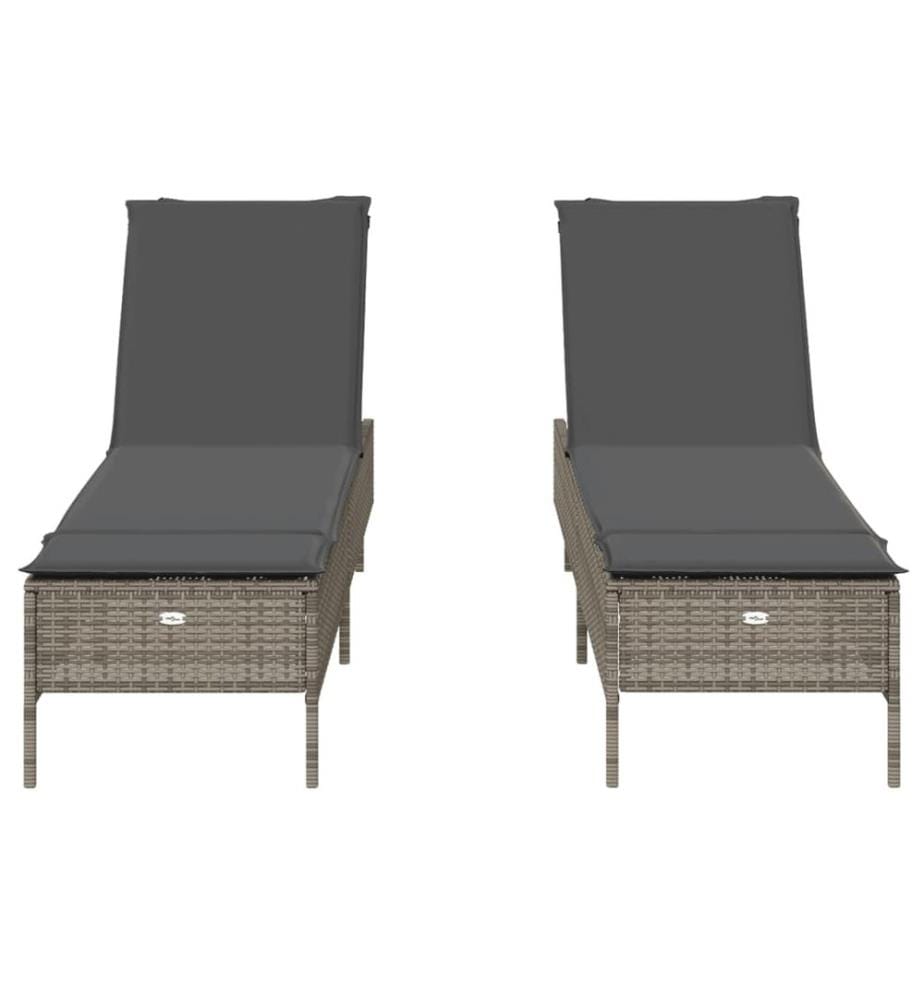 vidaXL Sonnenliegen mit Auflagen 2 Stk. Grau Poly Rattan