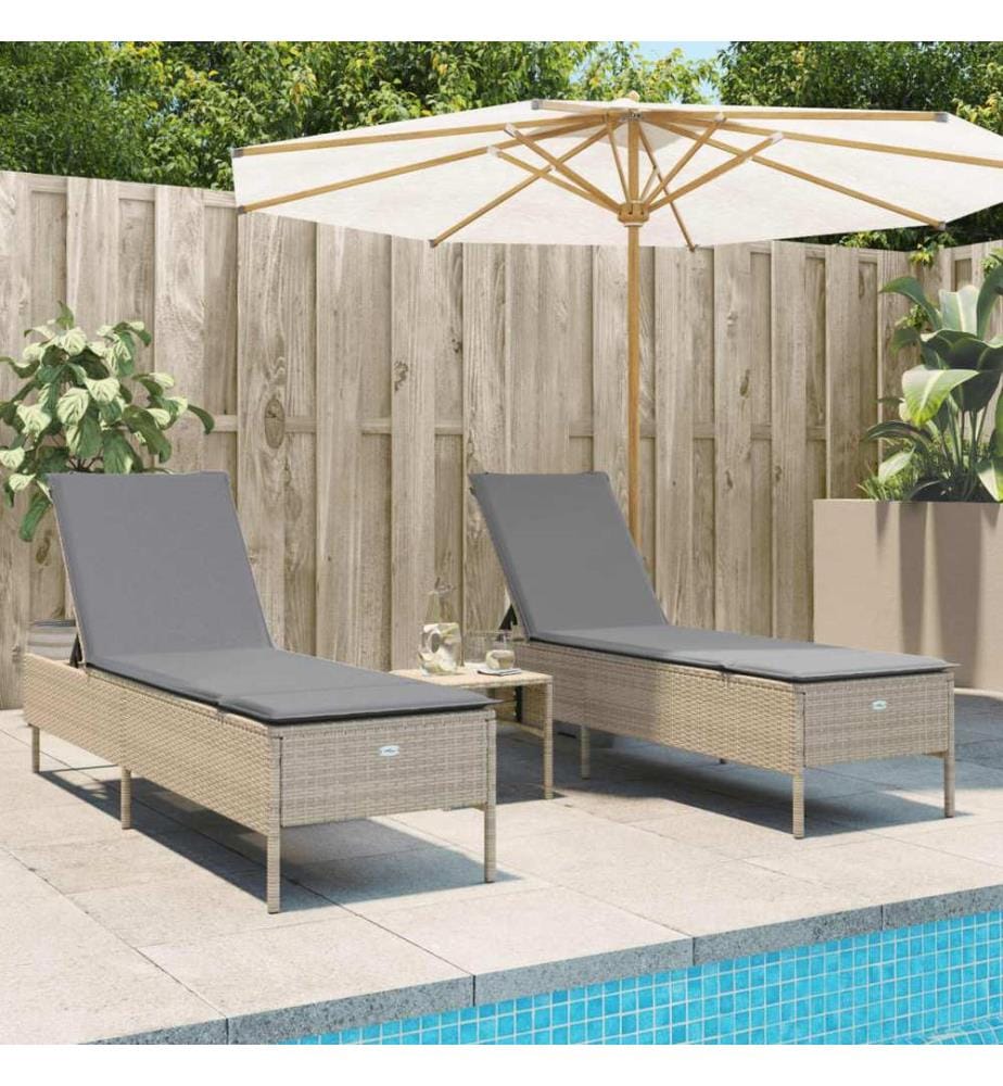vidaXL Sonnenliegen mit Auflagen 2 Stk. Beige Poly Rattan