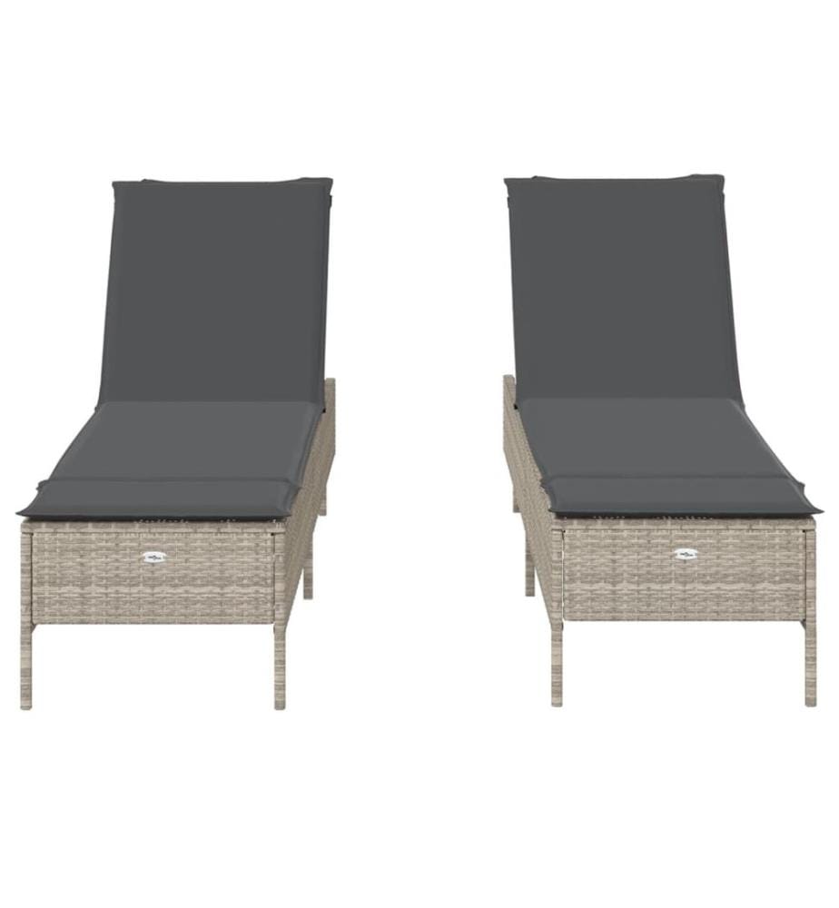 vidaXL Sonnenliegen mit Auflagen 2 Stk. Hellgrau Poly Rattan