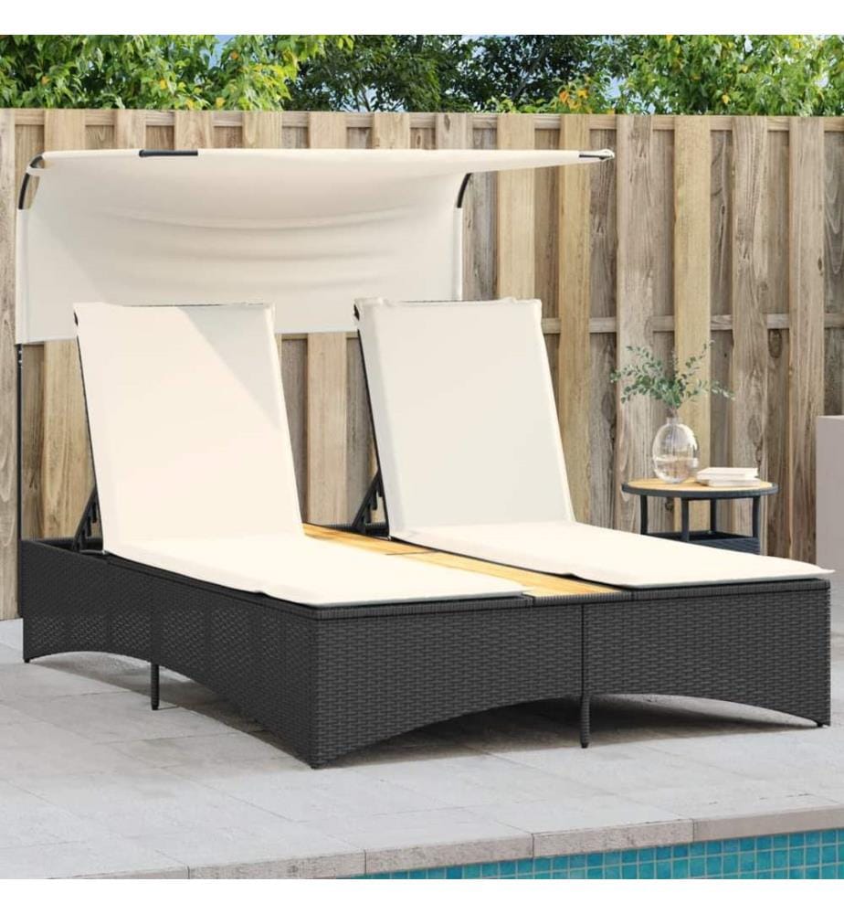 vidaXL Doppel-Sonnenliege mit Dach und Auflagen Schwarz Poly Rattan