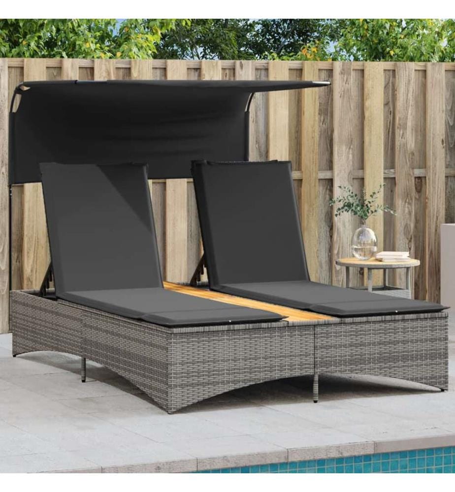 vidaXL Doppel-Sonnenliege mit Dach und Auflagen Grau Poly Rattan