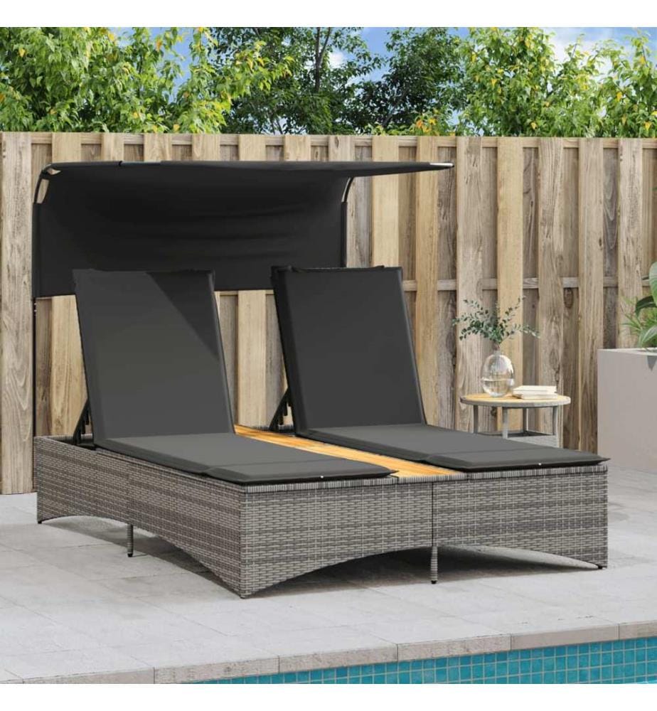 vidaXL Doppel-Sonnenliege mit Dach und Auflagen Grau Poly Rattan