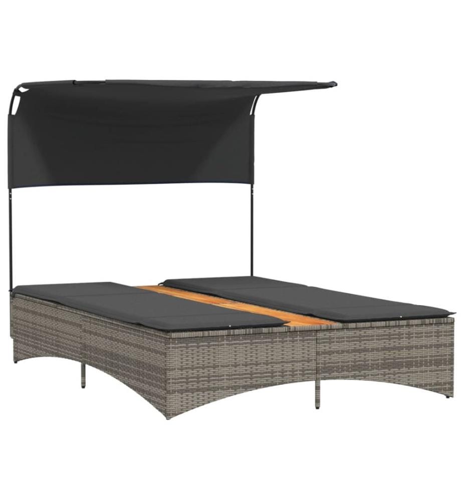 vidaXL Doppel-Sonnenliege mit Dach und Auflagen Grau Poly Rattan