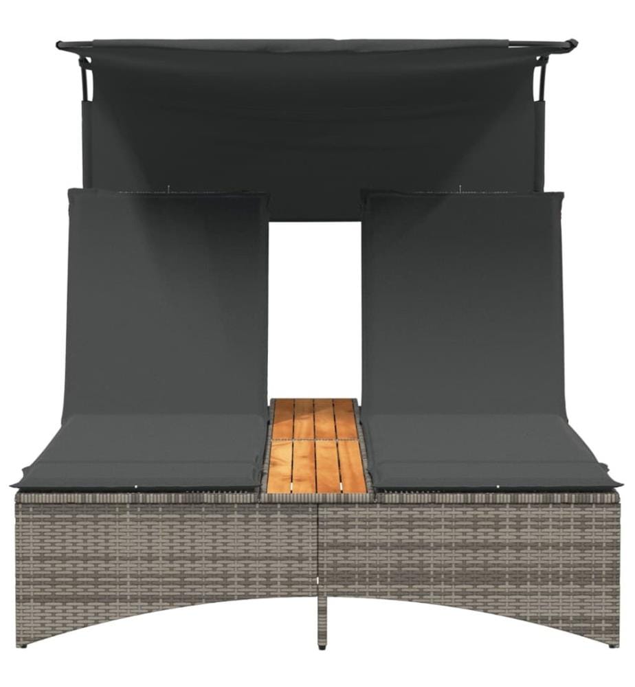 vidaXL Doppel-Sonnenliege mit Dach und Auflagen Grau Poly Rattan