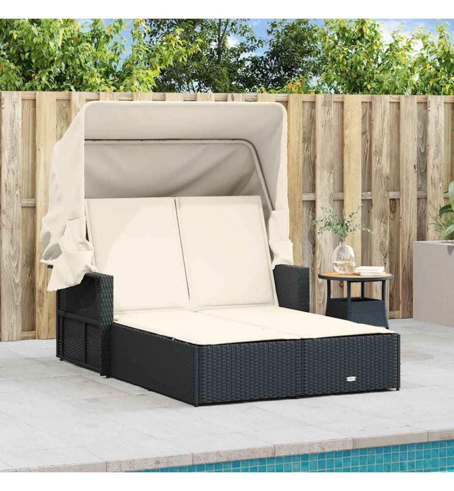vidaXL Doppel-Sonnenliege mit Dach und Auflagen Schwarz Poly Rattan