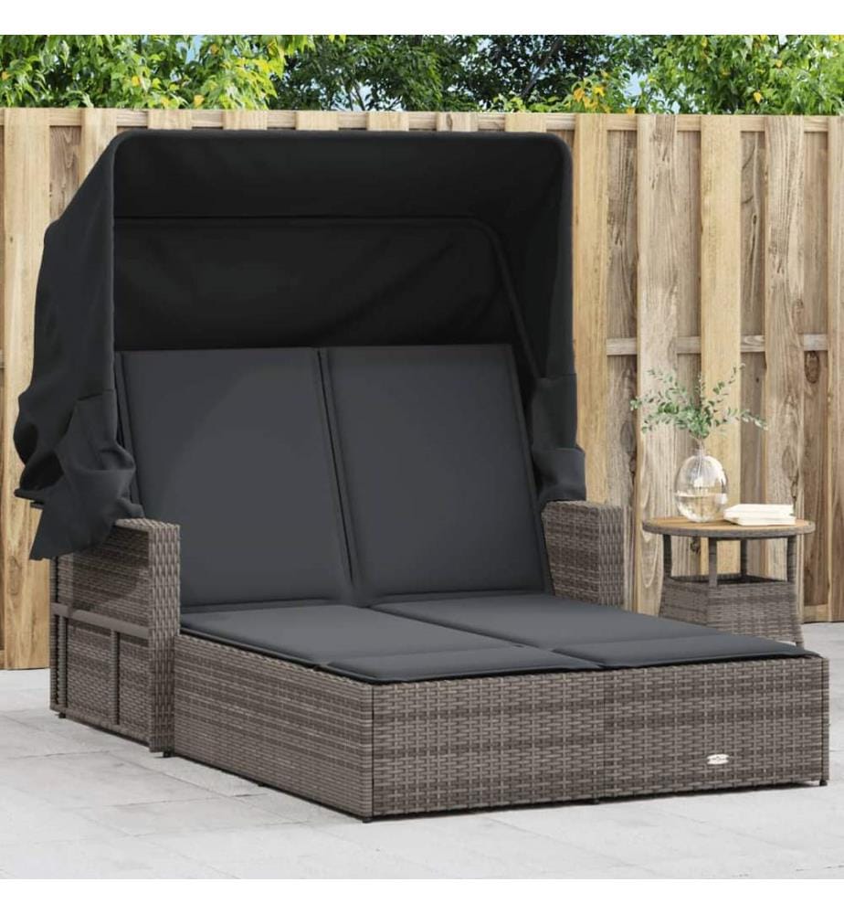 vidaXL Doppel-Sonnenliege mit Dach und Auflagen Grau Poly Rattan