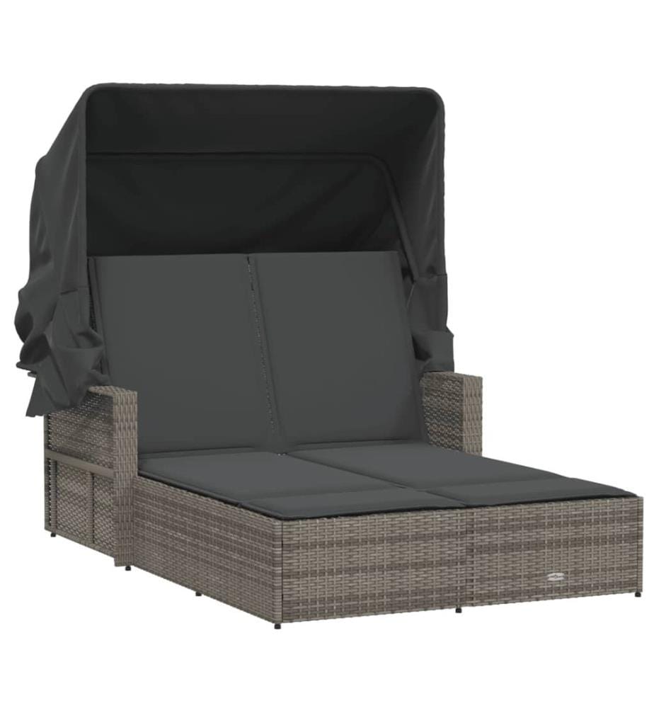 vidaXL Doppel-Sonnenliege mit Dach und Auflagen Grau Poly Rattan